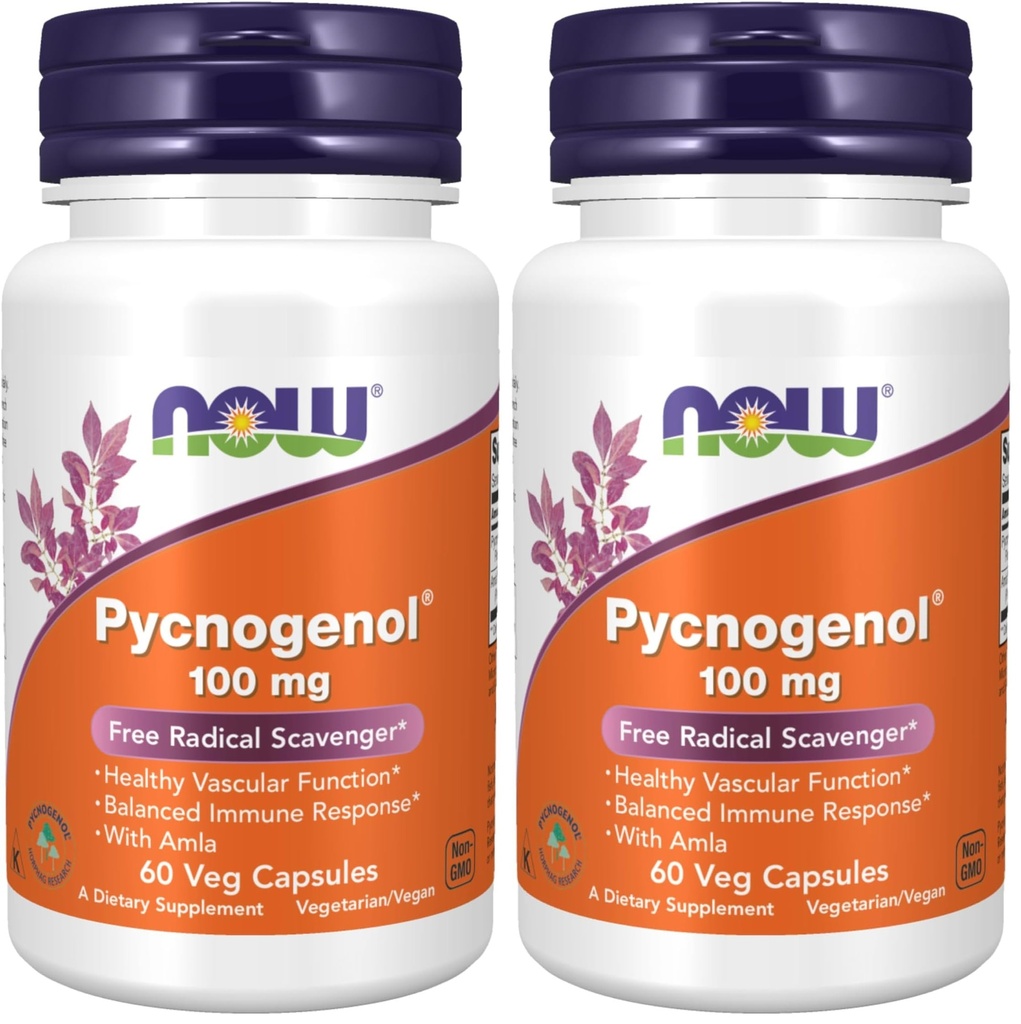NOW Foods Supplements, Pycnogenol 100 mg (a Unique Combination of Proanthocyanidins from French Maritime Pine) with Amla, 60 Veg Capsules, (Pack of 2)