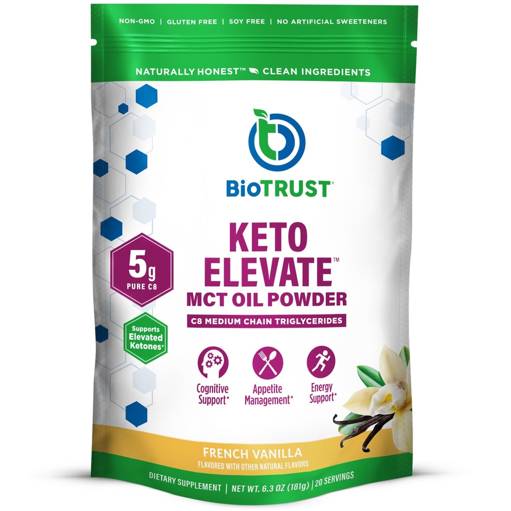 BioTrust Keto Elevise – C8 MCT Oil Powder – Κετογόνο MCT Coffee Creamer, Keto Coffee Creamer – Καθαρή ενέργεια, ψυχική εστίαση, καθαρότητα –100% Caprylic Acid MCT Powder, Non-GMO (Γαλλική βανίλια, 20 υπηρεσίες)