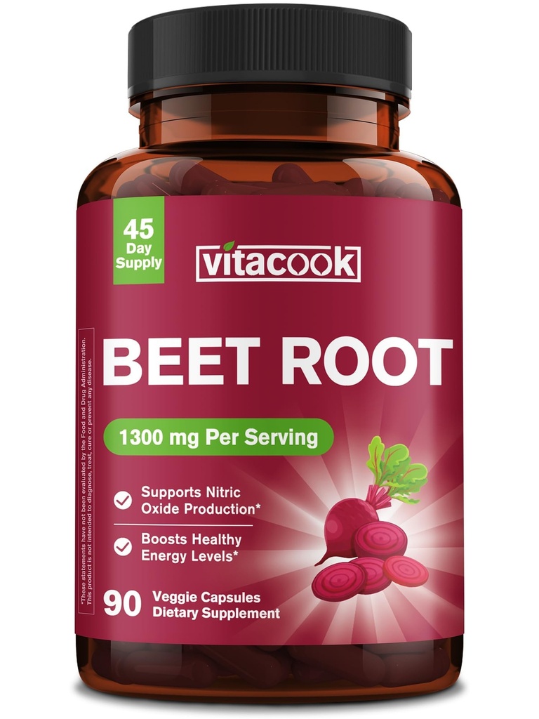 Beet Root Capsules, 1300mg Per Serving, Helps Support Nitric Oxide Production, Circulation and Heart Health, Vegan, No Gluten, 90 Capsules