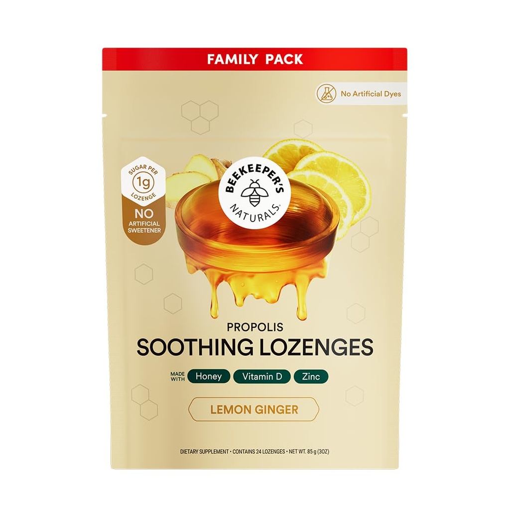 Beekeeper's Naturals Soothing Honey Ginger Lemon Cough Drops - Immune Support with Vitamin D, Zinc and Propolis Throat Soothing Lozenges, 24 Ct