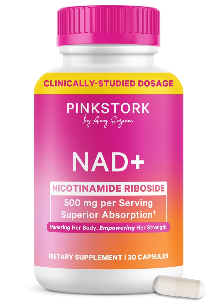 Pink Stork NAD+ Supplement for Women Over 30 | 500 mg Nicotinamide Riboside NR | Clinically Studied Pure NMN Powder | Brain, Energy, + Cellular Skin Health Support | No Jitters | 30 Capsules