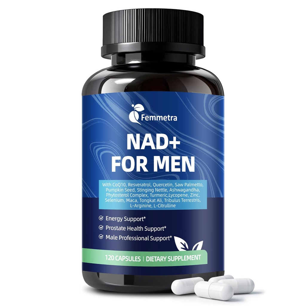 NAD+ Supplements for Men with Saw Palmetto | All-in-One Cellular Energy, Prostate Support & Nitric Oxide Supplement with Resveratrol, L-Arginine | Non-GMO, 120 Capsules