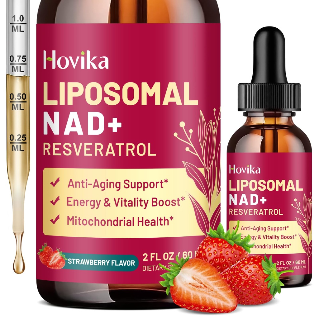 Liposomal NAD Supplement - 1200mg NAD+ Liquid Drops for Women & Men with Resveratrol, Black Pepper Extract - Support Anti-Aging, Brain & Cellular Mitochondrial Health - 2 Fl Oz, Strawberry Flavor