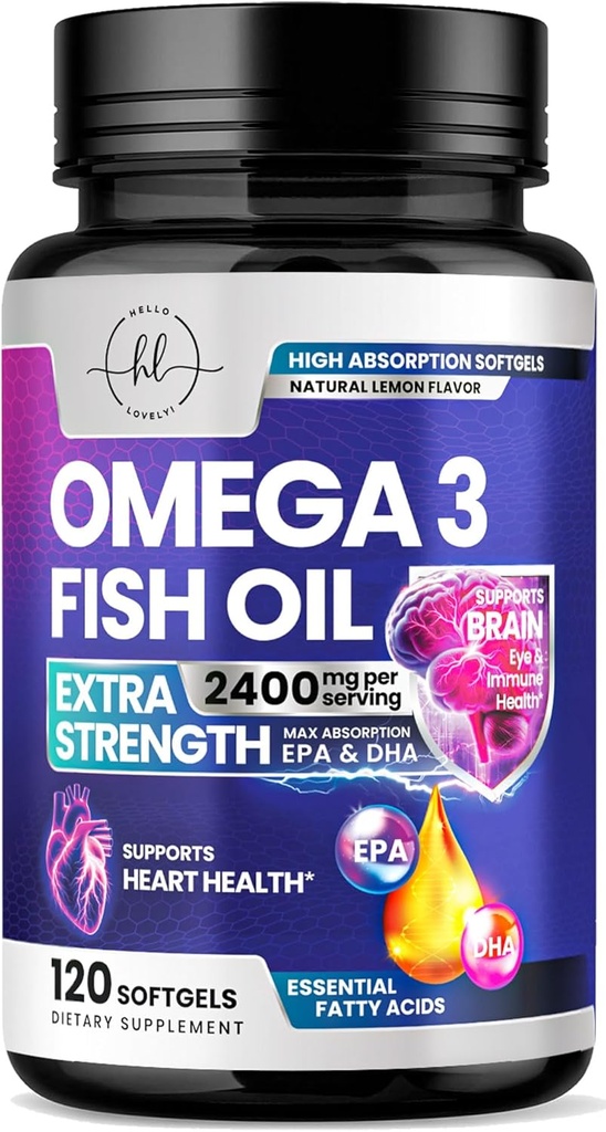 Ωμέγα 3 Fish Oil Συμπληρώματα 2400mg - Triple Strength Omega 3 Λιπαρά Οξέα, Natural Heart Health Brain & Joint Support - Λιπαρά Οξέα με EPA & DHA - Wild Caught Fish Oil Συμπλήρωμα - 120 Softgels