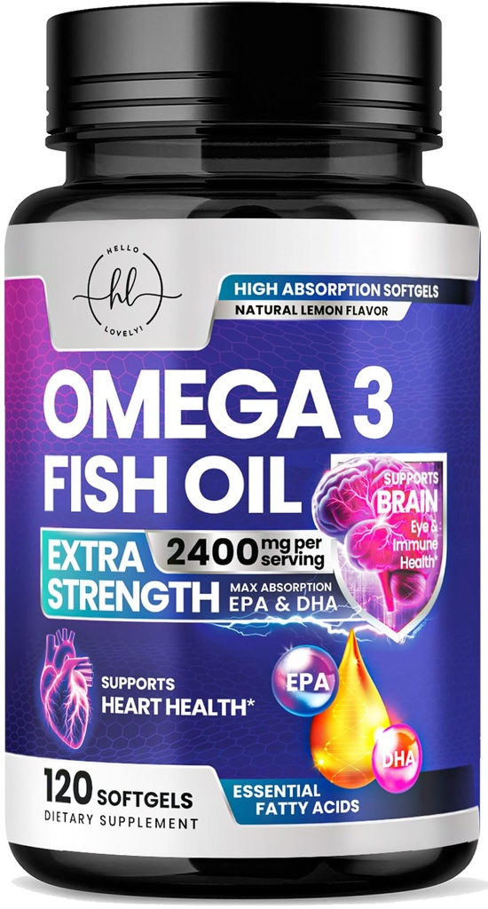 Ωμέγα 3 Fish Oil Συμπληρώματα 2400mg - Triple Strength Omega 3 Λιπαρά Οξέα, Natural Heart Health Brain & Joint Support - Λιπαρά Οξέα με EPA & DHA - Wild Caught Fish Oil Συμπλήρωμα - 120 Softgels