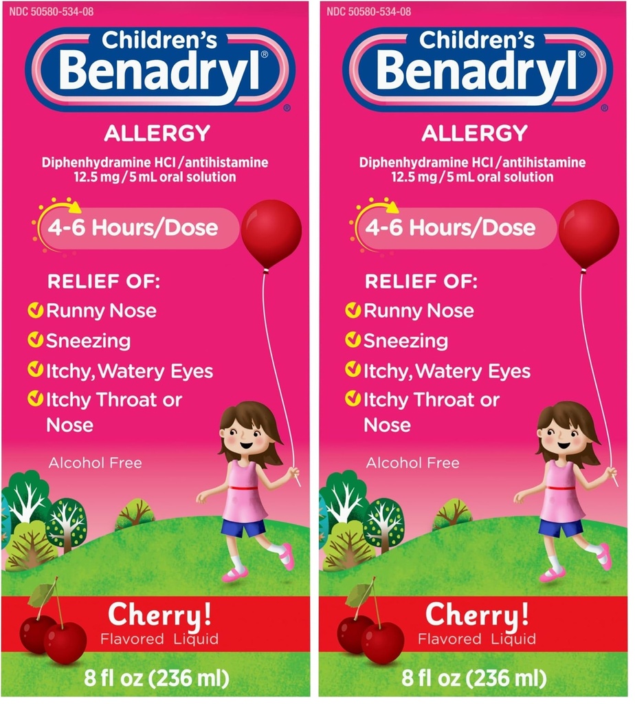 Benadryl Children's Allergy Relief Liquid Medicine with Diphenhydramine HCl Antihistamine for Kids, Effective Allergy Relief, Cherry Flavor, 8 fl. oz (Pack of 2)