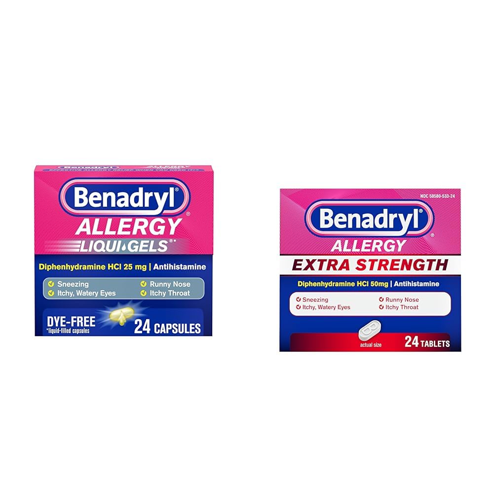 Benadryl Liqui-Gels Antihistamine Allergy Medicine & Cold Relief, Dye Free, 24 ct & Extra Strength Allergy Relief, 50mg Diphenhydramine Tablets - 24ct