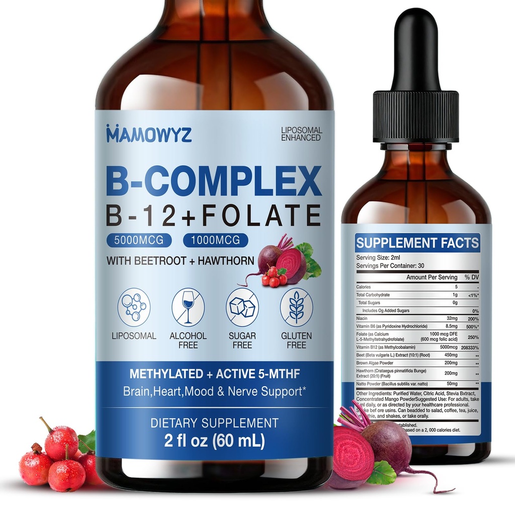 Methylated B Complex - Vitamin B Complex Liquid Drops, B Complex Vitamins for Women, 5000mcg B12, 1000mcg Folate, with Beetroot & Hawthorn, Sugar-Free,Energy, Focus, Heart & Brain, 2 Fl Oz