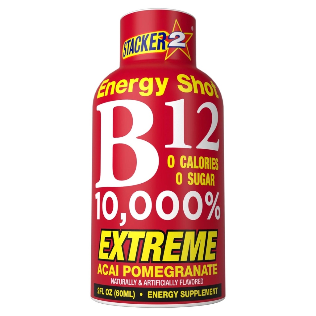 Stacker 2 Vitamin B Complex B12 B6 B3 Liquid Energy Shots - Vegansafe & Vegan Cyanocobalamin, 10,000% DRV - B-6 Pyridoxine 40mg - B3 Niacinamide (Niacin) 20mg - BASED BOX Bundle Pack (2oz, Pack of 24)