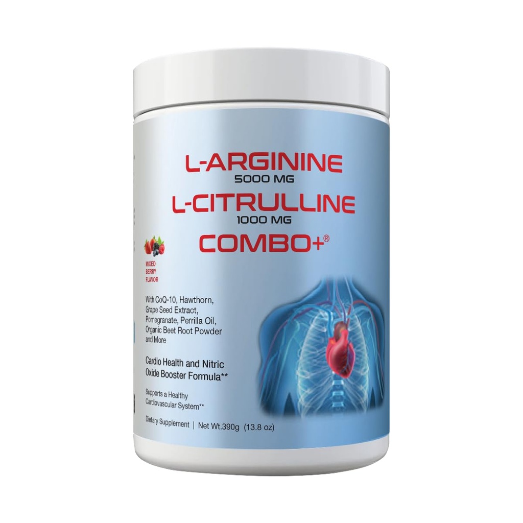 L-Arginine 5000mg & L-Citrulline 1000mg Combo+® - Mixed Berry, 30 Servings, 390g Nitric Oxide Booster Drink Mix Powder - CoQ10 & Organic Beet Root - High Potency Heart & Circulation Support USA