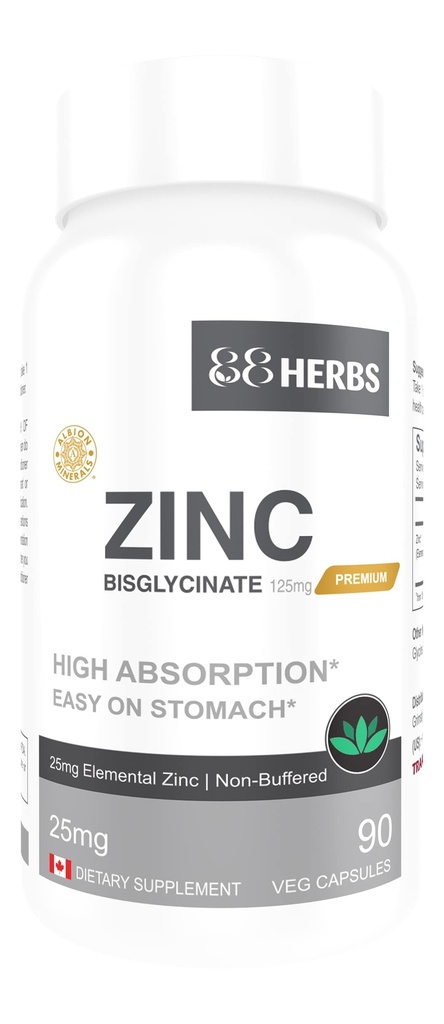 Zinc Bisglycinate – Highest Absorption – Non Buffered – Premium Grade - 90 Veg Caps – 25 mg (Elemental Zinc)
