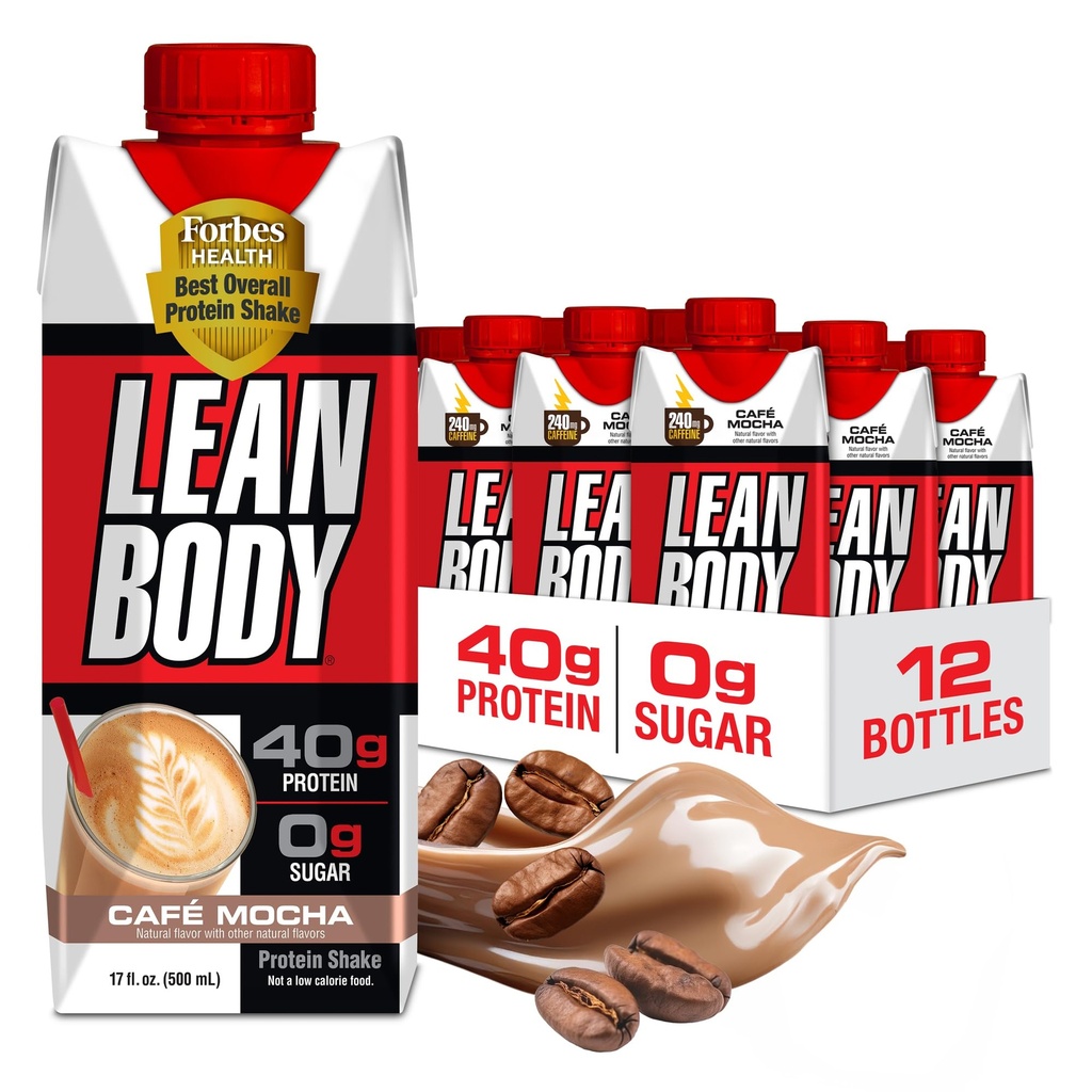 Lean Body Ready-to-Drink Café Mocha Protein Shake, 240mg Caffeine, 40g Protein, Whey Blend, 0 Sugar, Gluten Free, 22 Vitamins & Minerals, (Recyclable Carton & Lid - Pack of 12) LABRADA