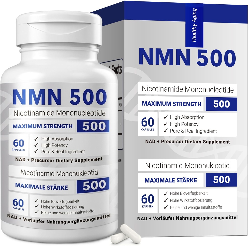 NMN 500mg Per Serving Maximum Strength - 99% Pure NMN (Nicotinamide Mononucleotide) for NAD, Cell, Immune, Energy, Anti-Aging & Longevity, Stabilized NMN Supplements 500mg - 60 Veggie Capsules