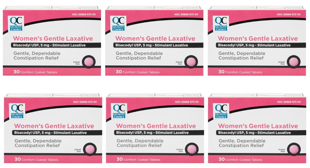 Quality Choice Enteric Coated Women's Laxative Bisacodyl Tablets, 30 Count, Pack of 6