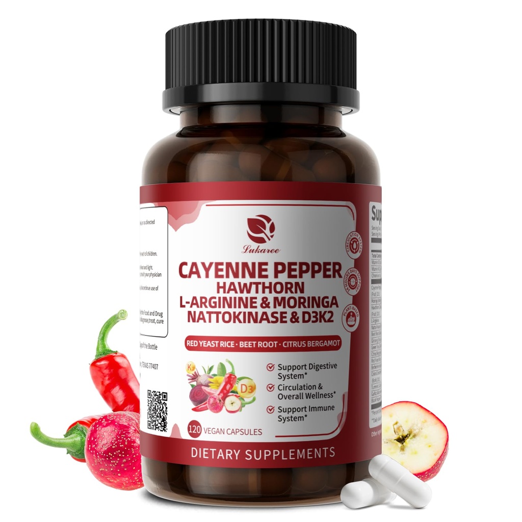 Cayenne Pepper Enteric-Coated Capsules - 18 in 1 Concentrated Complex w/High Potency Nutrient Moringa, Hawthorn, L-Arginine & D3K2 - Supports Circulation, Heart & Digestion* - Natural | GMP, 120 Ct
