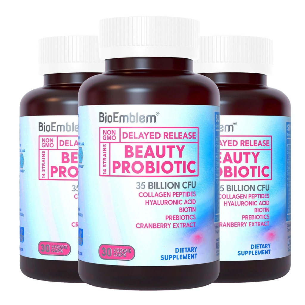BioEmblem Beauty Probiotics for Women, 35 δισεκατομμύρια CFU 14 Strains with Biotin, Collagen, Prebiotics for Digestive Health, Hair Skin and Nails, Vaginal Probiotics Supplement, Shelf Stable, 90 Caps