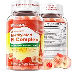 Super μεθυλιωμένη βιταμίνη B Complex Gummies - Όλες οι βιταμίνες Β + Omega-3, Μαγνήσιο, CoQ10, Ashwagandha, Vitamin C, TMG- για τις γυναίκες άνδρες-μεθυλο B12 2000 mcg, μεθυλοφολικό, B1, B2, B3, B5, B6, B7- Χωρίς ζάχαρη