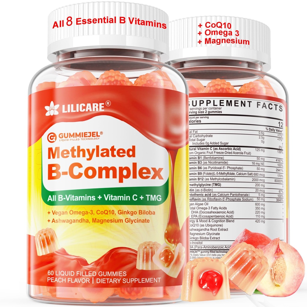 Super μεθυλιωμένη βιταμίνη B Complex Gummies - Όλες οι βιταμίνες Β + Omega-3, Μαγνήσιο, CoQ10, Ashwagandha, Vitamin C, TMG- για τις γυναίκες άνδρες-μεθυλο B12 2000 mcg, μεθυλοφολικό, B1, B2, B3, B5, B6, B7- Χωρίς ζάχαρη