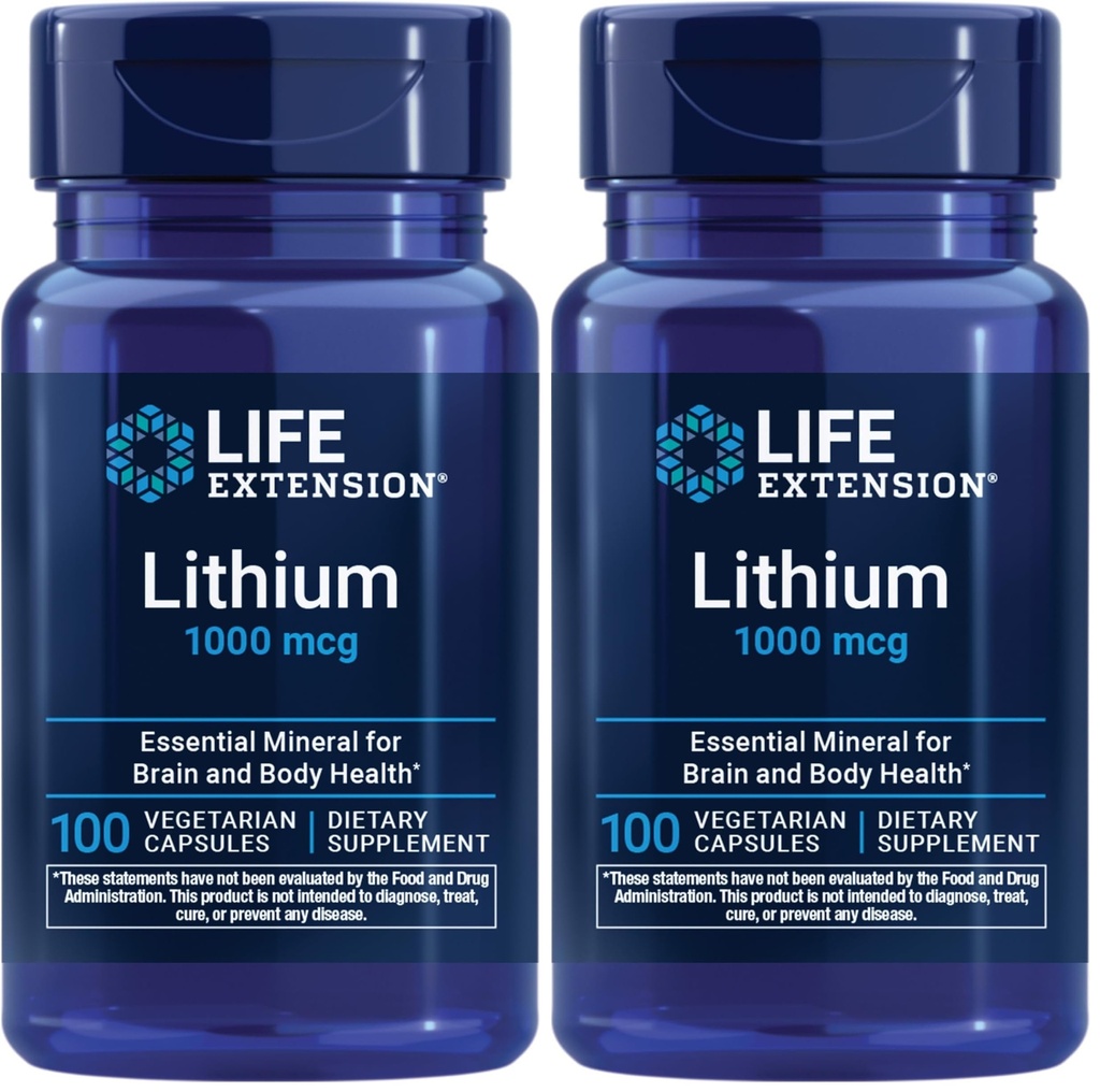 Life Extension Lithium, 1000 mcg – Lithium Orotate – Helps Maintain Cognitive Function & Memory – Low-Dose Formula – Non-GMO, Gluten-Free, Vegetarian – 100 Capsules (Pack of 2)