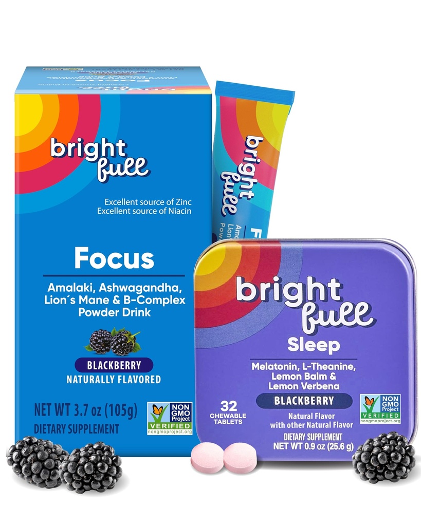 Focus Sugar Free Drink Mix with Ashwagandha, Lion’s Mane & B Vitamins, BlackBerry, 21 Day Supply Sleep Aid with Melatonin & Herbs, Cherry, 32 Chewable Tablets