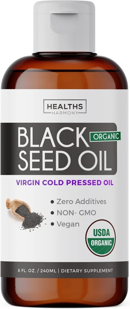 USDA Organic Black Cumin Seed Oil Liquid (8 fl oz) Premium Cold-Pressed Nigella Sativa Producing Pure - Antioxidant Supplement - Vegan, Gluten-Free, & Non-GMO (No Pills or Capsules)