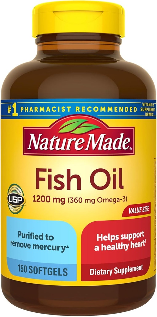 Nature Made Fish Oil Omega 3 Συμπληρώματα, 1200 mg Softgels, Ωμέγα 3 Fish Oil for Healthy Heart Support, 150 Softgels, 75 Ημέρα προσφοράς