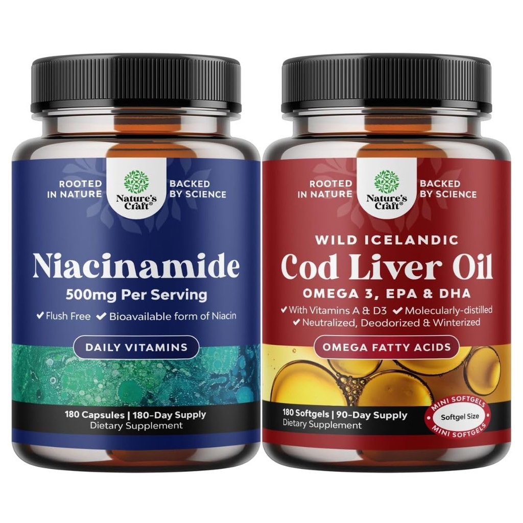 Bundle of Pure Vitamin B3 Niacinamide 500mg Capsules for Skin Health Detox & NAD Production Support and Icelandic Cod Liver Oil Softgels with Vitamin D3 & A for Heart Joint Brain & Immune Support