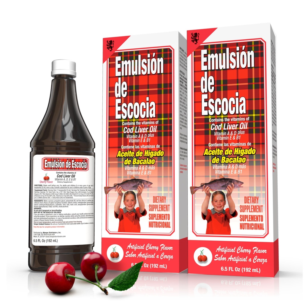 Emulsión de Escocia Cod Liver Oil with Vitamins A, D, E, B1 - Natural Cherry Flavor Fish Oil Omega-3 Dietary Supplement for Immune Support & Growth - Essential Nutrients - 6.5 oz (2-Pack)