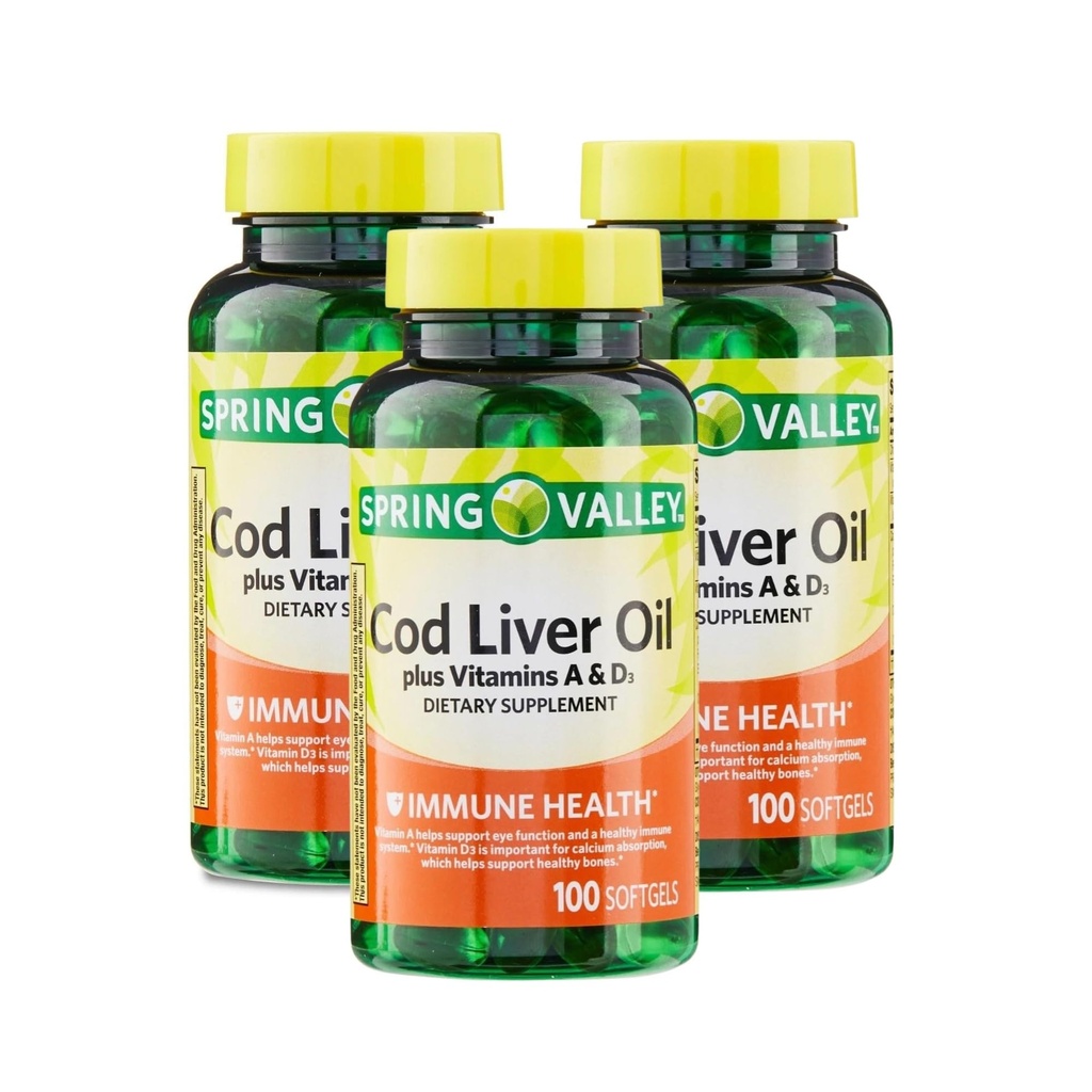 Cod Liver Oil Plus Vitamins A & D3, 100 Softgels - Dietary Supplement (Pack of 3)