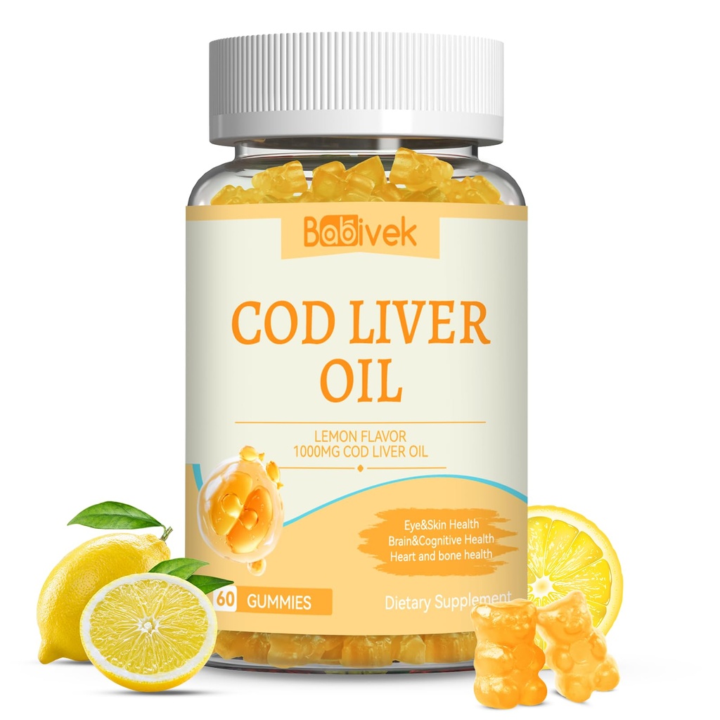 Cod Liver Oil Gummies 1000mg, for Adults & Kids with Omega-3 Vitamin A & D3, Fish Oil Supplement, Supports Eye Health, Brain Function & Bone Health, Sugar-Free, Non-GMO, Gluten-Free 60 Count