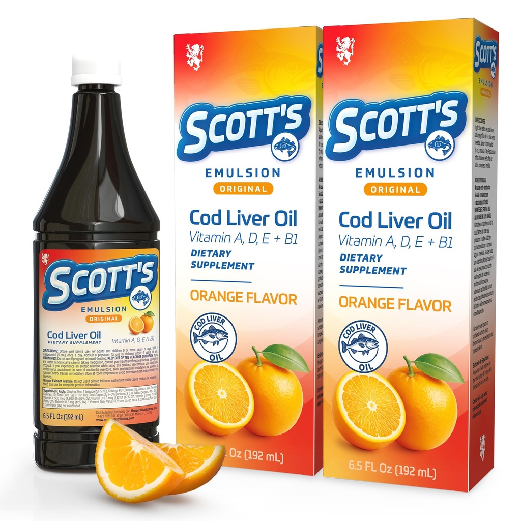 SCOTT'S EMULSION Original Cod Liver Oil, Omega 3 Fish Oil with Vitamin D Supplement for Immune, Brain and Growth Support, Orange Flavor, 6.5 Fl Oz Bottles, Kid-Friendly Taste, 2-Pack