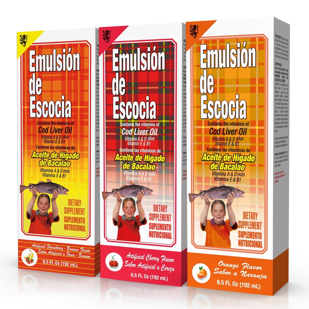 Emulsion de Escocia Cod Liver Oil Liquid for Kids – Cherry, Orange & Strawberry Banana – Omega 3, Vitamins A, D, E & B1 – Dietary Supplement – 6.5 Fl Oz | 3-Pack