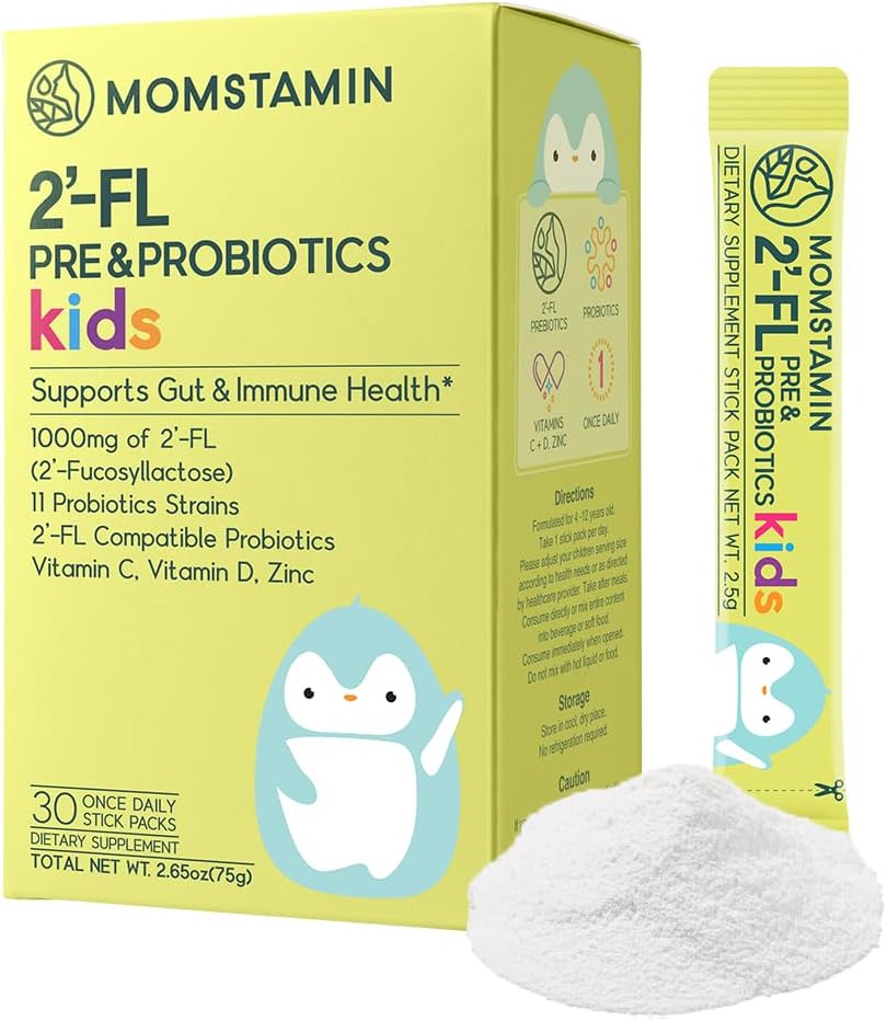 MOMSTAMIN 2'-FL HMO Πρεβιοτικά & Προβιοτικά για τα παιδιά, 1000mg Ολιγοσακχαρίτης του ανθρώπινου γάλακτος 2'-FL σκόνη, Πατενταρισμένο 11 Strains, Υγιής Κοχύλι Microbiome, IBS Relief - 30 Sticks