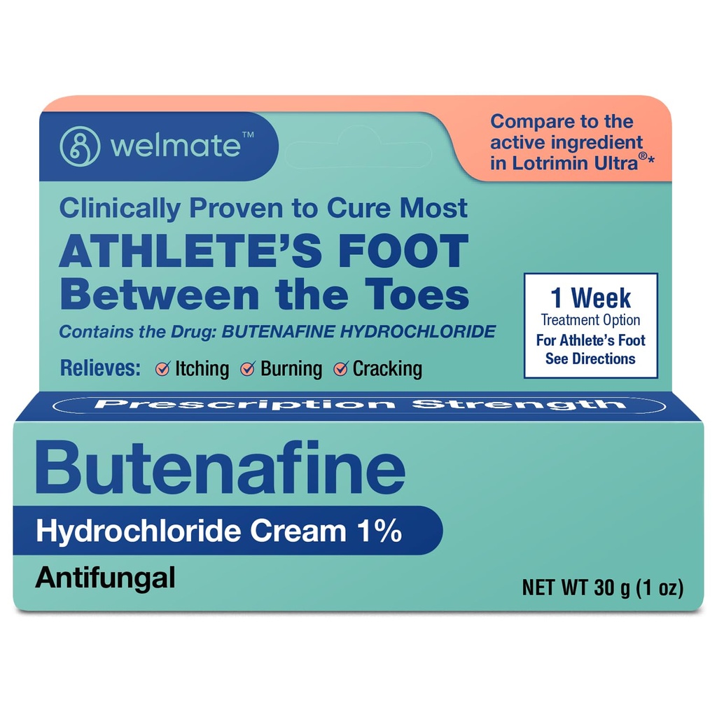 WELMATE Athletes Foot Treatment, Butenafine Hydrochloride 1% Prescription Strength - Antifungal Foot Fungus Cream, 1 Week, Greaseless & Odorless - Jock Itch, Ringworm Relief, 1 oz