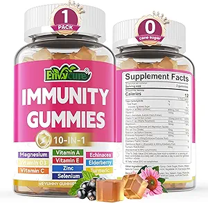 10 in 1 Immune Support Supplement Gummies, w/Echinacea, Elderberry Vitamin C and Zinc, Selenium, Vitamin D3 5000IU, Magnesium, Daily Immune Booster Multivitamin, for Antioxidant Bone Energy, 1 Pack