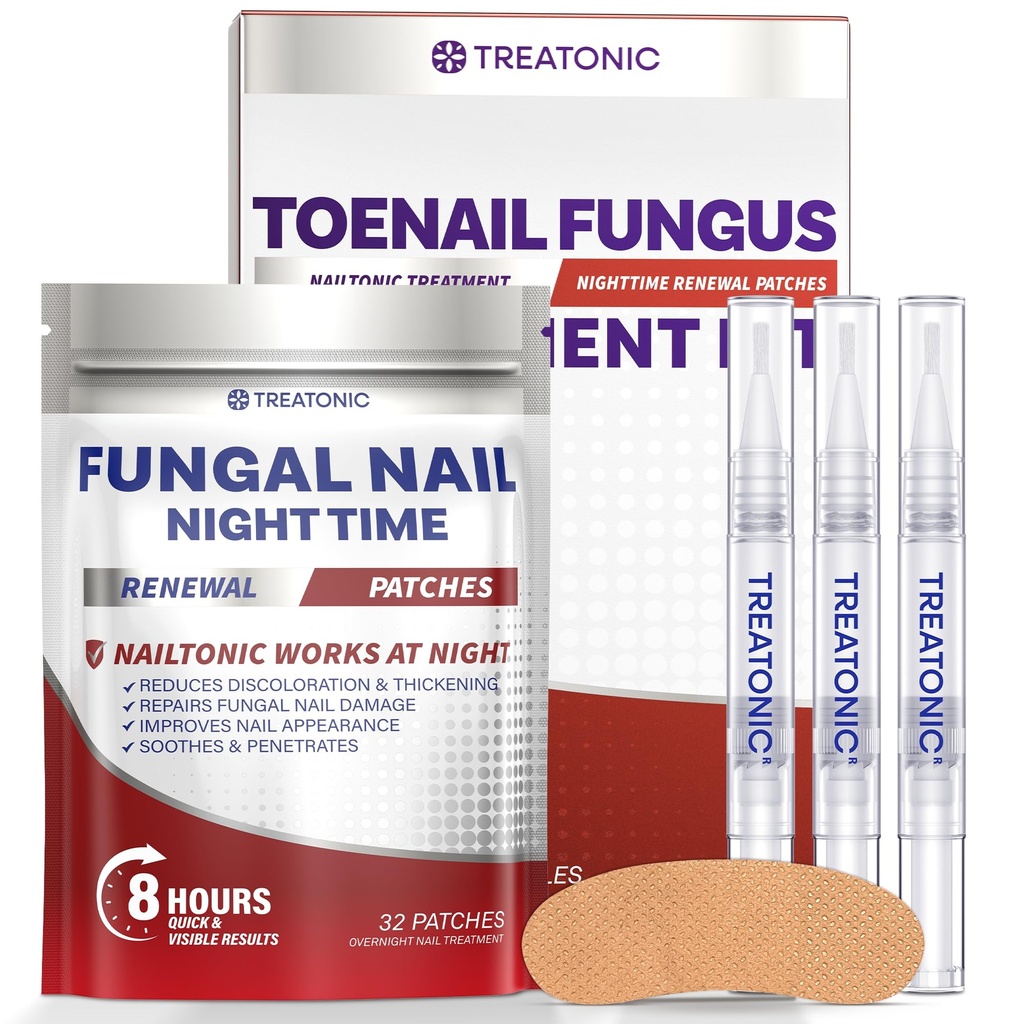 Treatonic Toenail Fungus Treatment Kit: Antifungal Nail Fungus Treatment Extra Strength with 25% Undecylenic Acid (3 Pens) & 32 Night Fungal Nail Patches - Repairs Damaged & Restores Discolored Nails