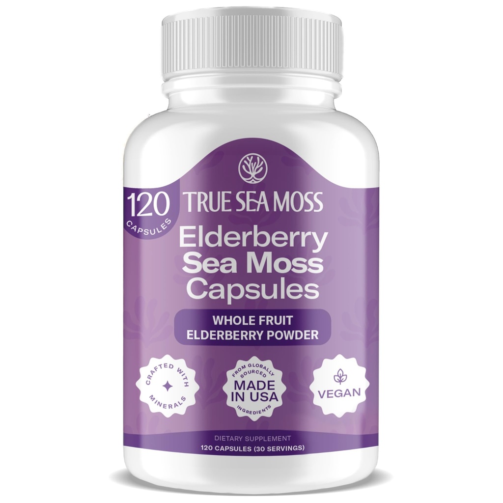 TrueSeaMoss Irish Sea Moss Κάψουλες - 120 Capses Elderberry (1600mg) - Προβιοτικά Superfood - Ενισχύει Το ανοσοποιητικό & πεπτικό σύστημα - υγιές δέρμα, Keto Detox, Gut, Κοινή Υποστήριξη