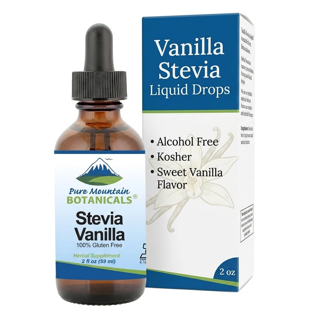 Vanilla Stevia Liquid Drops Flavored with Natural Sweet Vanilla - Alcohol Free & Kosher - 2oz Glass Bottle