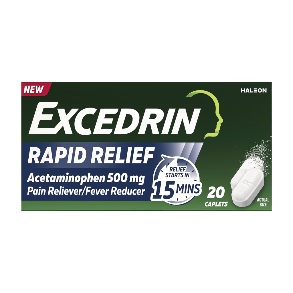 Excedrin Rapid Relief Caplets, 500mg Acetaminophen, Fast Pain Relief in 15 Minutes, 20 Count​