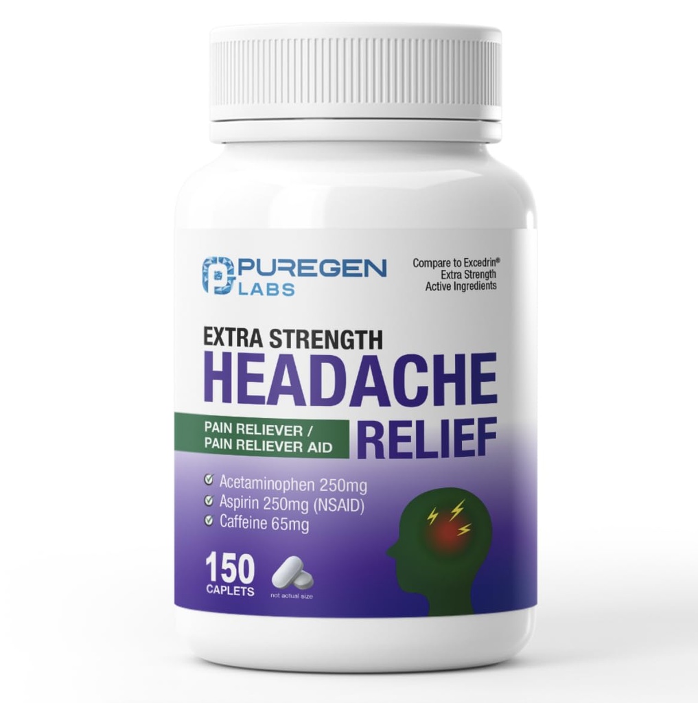 Puregen Labs Extra Strength Headache Caplets, Aspirin 250 mg (NSAID), Caffeine 65 mg, 150 Count