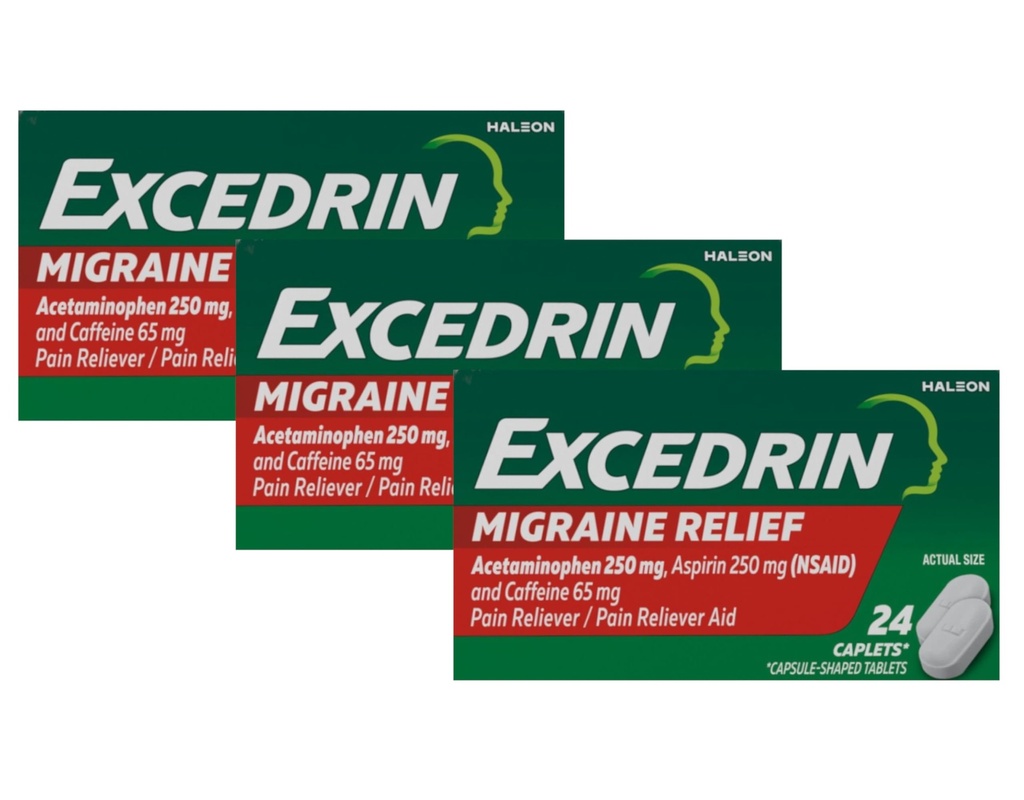 Excedrin Migraine Pain Reliever Caplets 24 ct (Pack of 3) - Packaging May Vary