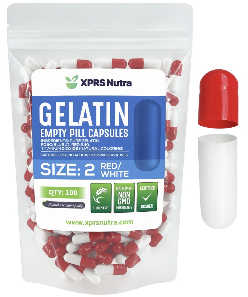 XPRS Nutra Μέγεθος 2 Κενές κάψουλες - 100 Count Empty Gelatin Κάψουλες - Χάπια DIY Καψάκιο Γέμισμα - Καθαρά Καπάκια τζελ Μπόβιν Χάπι για Συμπληρώματα Do-It-Yourself (Red/White)