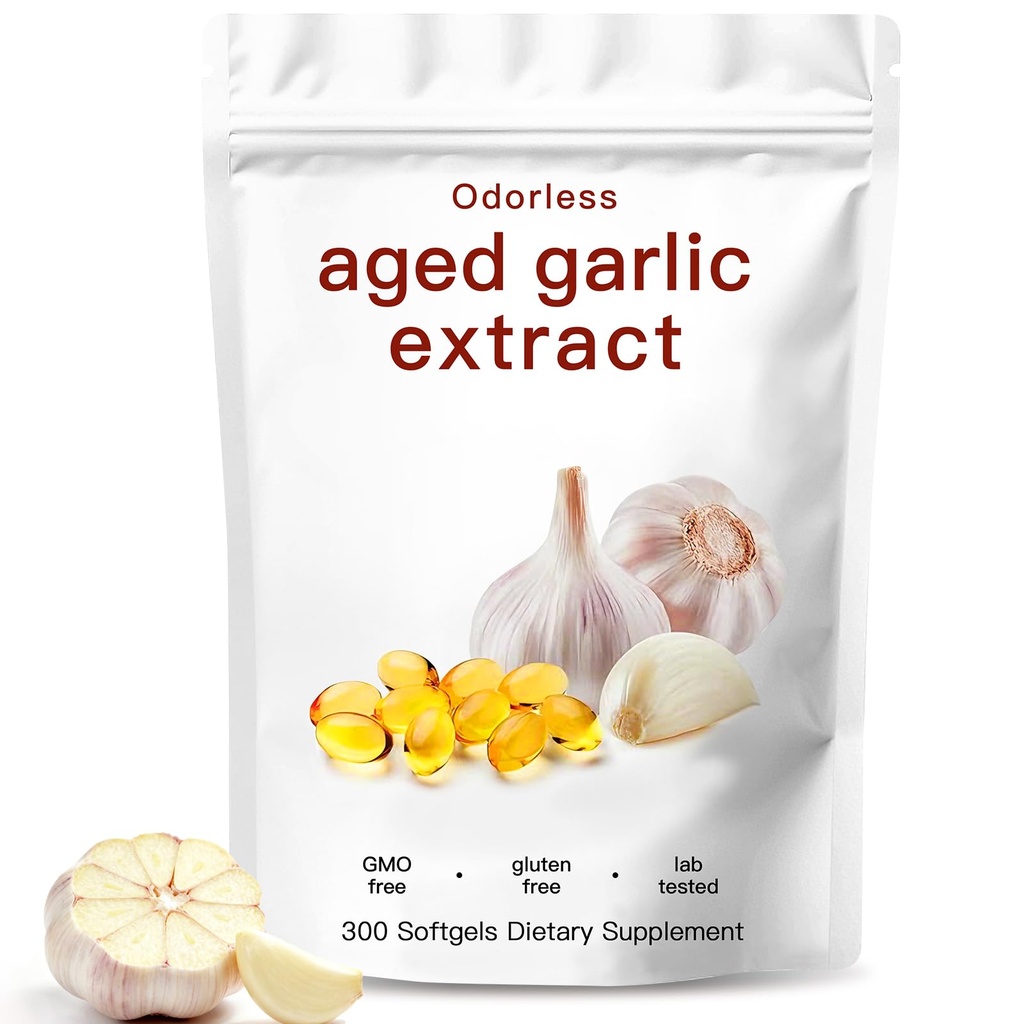 Aged Garlic Extract,Odorless Organic Garlic Capsules for Heart & Immune Antioxidant Supplements,Vegetarian,Non-GMO,Gluten-Free, All-Natural,300 Softgels