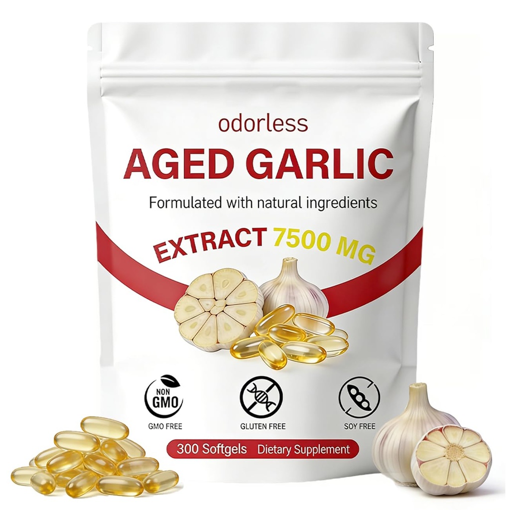 Aged Garlic Extract 7500mg, 2-Year Slow-Matured, 300 Count Odorless Organic Garlic Supplement, Immune & Antioxidant Support, Non-GMO Vegetarian Softgels for Daily Vitality & Year-Round Care