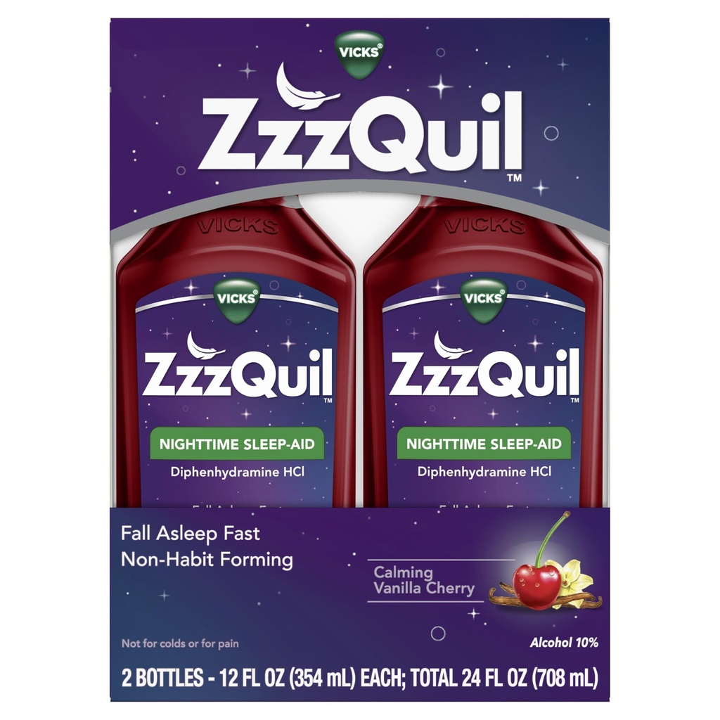 ZzzQuil Liquid Sleep Aid, Diphenhydramine 50mg HCl, Calming Vanilla Cherry Flavored, Nighttime Sleep Aid Liquid, Sleep Aids for Adults, 2 Pack, 24 FL OZ