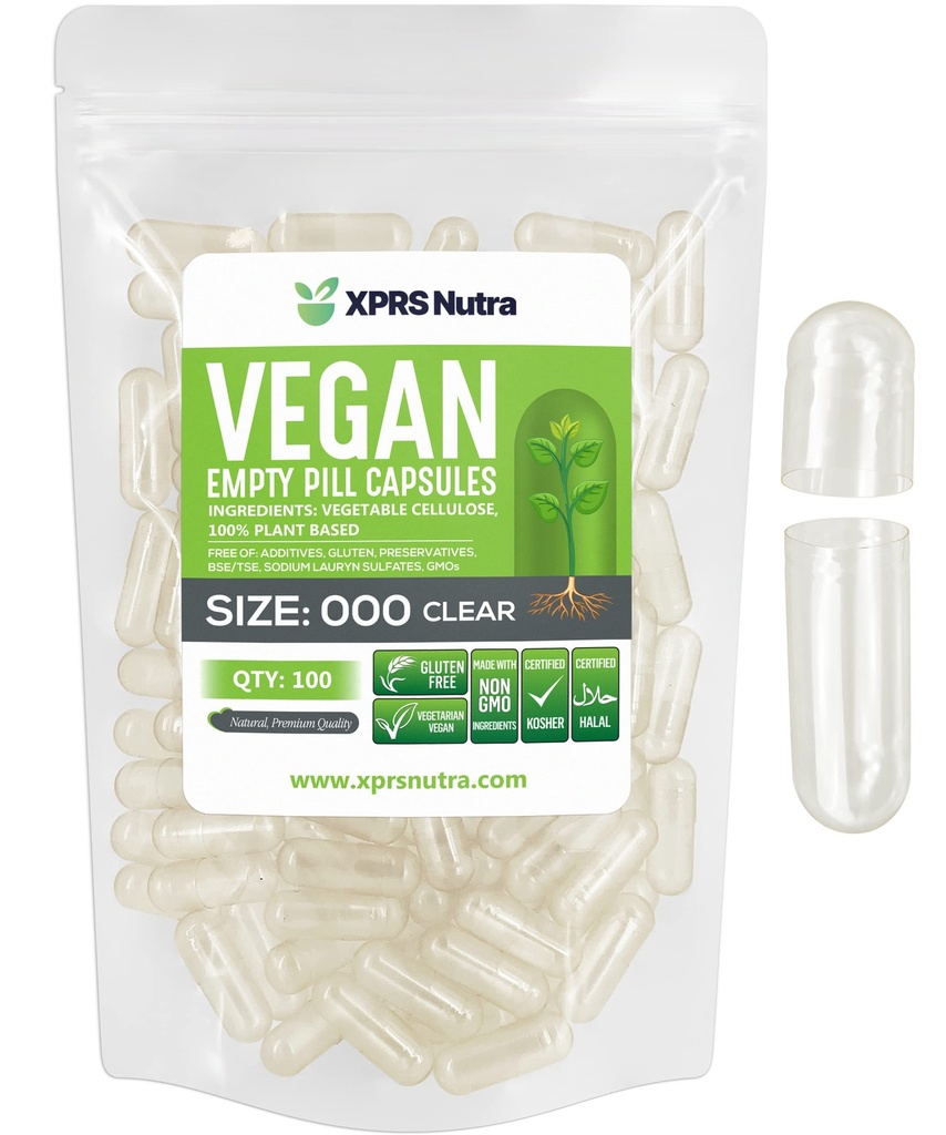 XPRS Nutra Vegan Μέγεθος 000 Κενές κάψουλες - 100 Μέτρα Καθαρίστε Κενές κάψουλες Vegan - Χορτοφαγικά Χάπια - DIY Καψάκιο Γέμισμα - Καπάκια λαχανικών Χάπια
