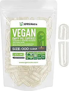 XPRS Nutra Vegan Size 000 Empty Capsules - 100 Count Clear Empty Vegan Capsules - Vegetarian Pill - DIY Vegetable Capsule Filling - Veggie Caps Pills