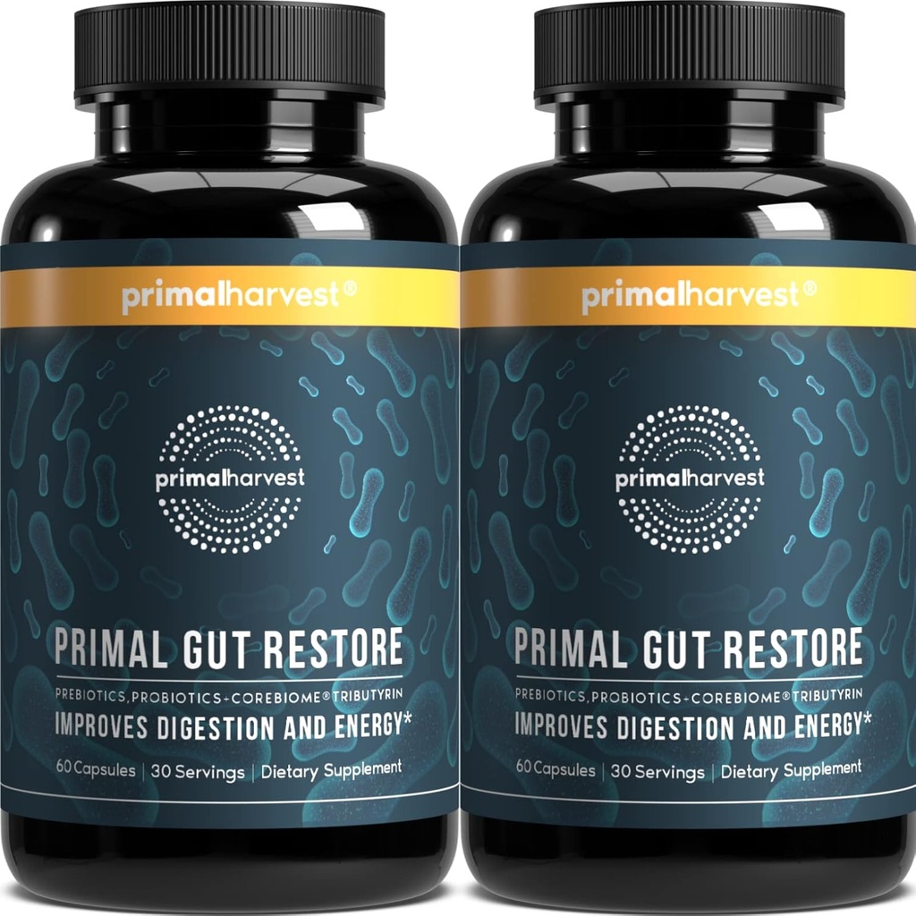 Primal Harvest 2 Pack, Restore for Gut Health, Primal Gut Restore w/POSTbiotics, PREbiotics and Probiotics for Women and Men, 60 CT - Digestion, Colon Cleanse, Helps Leaky Gut Repair