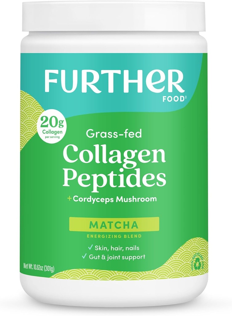 Further Food Matcha Collagen Peptides Peptides Powder - Organic Matcha & Cordyceps for All Day Energy, Mental Clarity & Immunity & Premium for Gut Health, Joints, Skin, Hair & Nails 10.62 oz