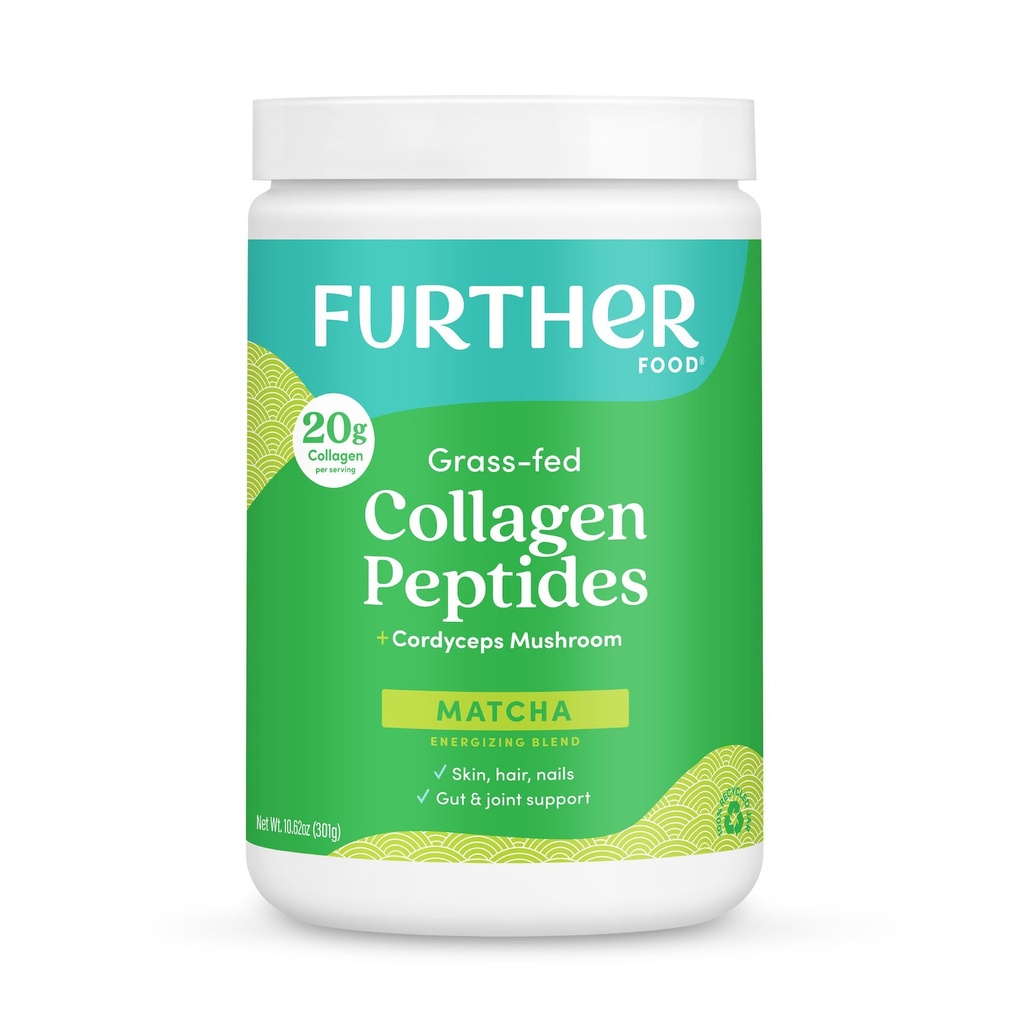 Further Food Matcha Collagen Peptides Peptides Powder - Organic Matcha & Cordyceps for All Day Energy, Mental Clarity & Immunity & Premium for Gut Health, Joints, Skin, Hair & Nails 10.62 oz